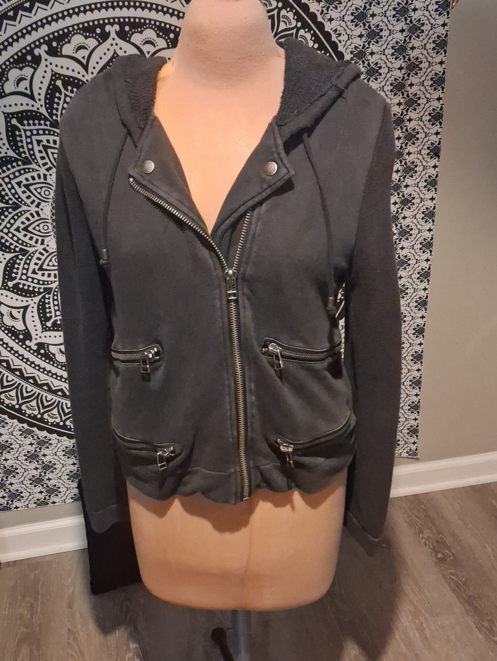 Free People Black Hooded Zip-Up Bomber Jacket with Zip Pockets